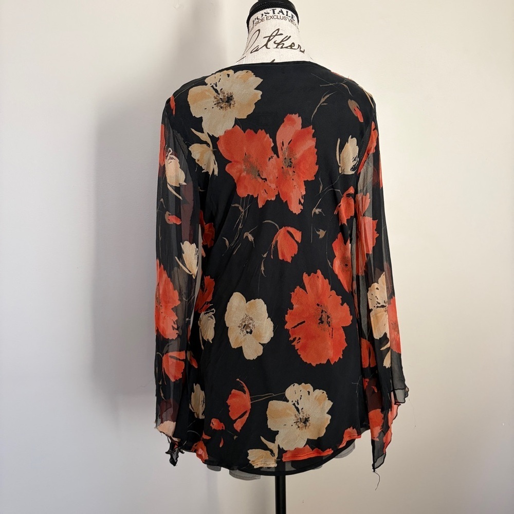 Vintage 100% silk black floral whimsigoth mesh long sleeve top - Picture 4 of 12